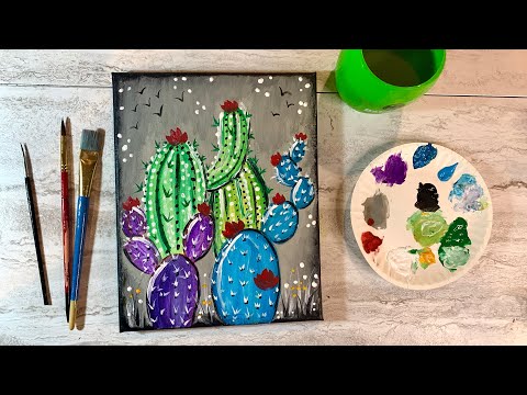 Easy Cactus Painting On Canvas | Paint with me!! Step by Step Canvas Painting Tutorial