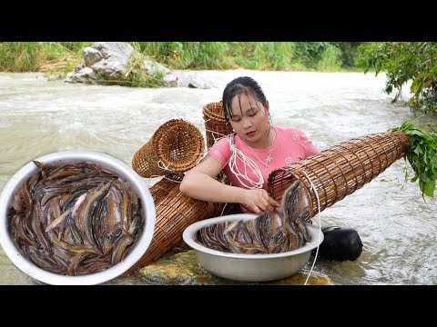 On a rainy day, a Vietnamese rural girl sets a trap to catch stream fish. Fishing skills