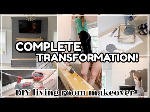 COMPLETE LIVING ROOM TRANSFORMATION! DIY Living Room Makeover 2023 / how to build shiplap fireplace