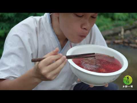 雨后，山里的蘑菇疯长，农村小伙摘回烘干煲出血红的鸡汤，真鲜美