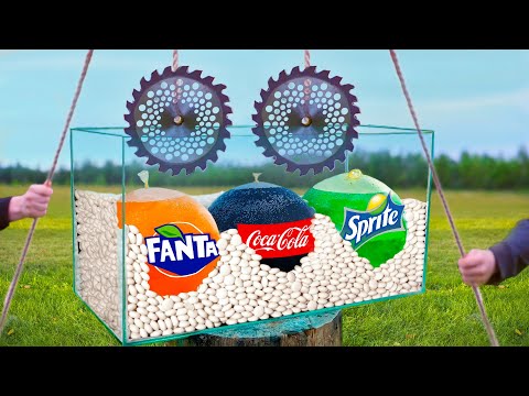 Experiment: Giant Balloons of Coca Cola & Fanta & Sprite VS Mentos VS Saws