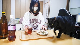 猫と晩酌！ネギ塩ホルモンと自家製の酒！