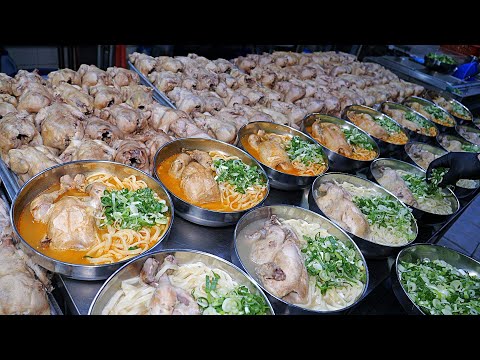 Amazing!! A whole chicken on noodles. Chicken Seafood Noodles (Kalguksu) / Korean street food