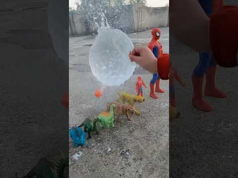 Slicing water balloon on zoo animals dinosaurs Spiderman avengers