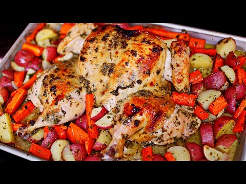 Juicy Roasted Spatchcock Chicken and Veggies  Recipe - Easy One Pan Roasted Chicken Dinner