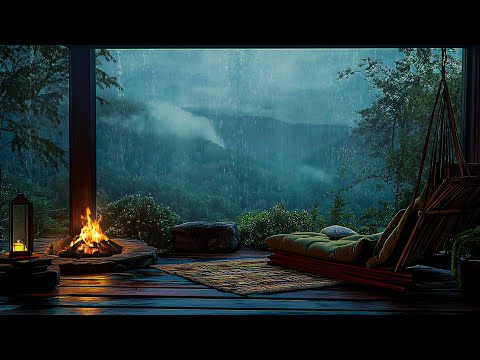 Watch The Rain From Window In Cozy Forest Room - Fire and Rain Sounds For Sleeping, Relaxing