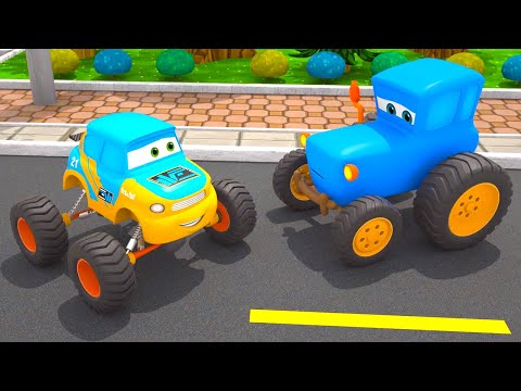 Obstacle Race Blue Tractor vs Monster Truck | Motorville - Car Cartoon for Kids