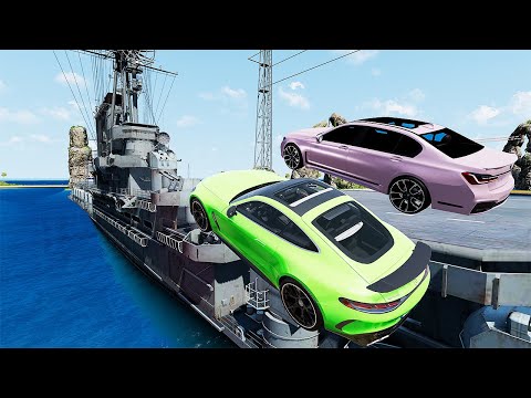 Cars VS 100 Mega Container Jump Aircraft WarShip Parkour - Speed Car Crash - BeamNG Drive #3