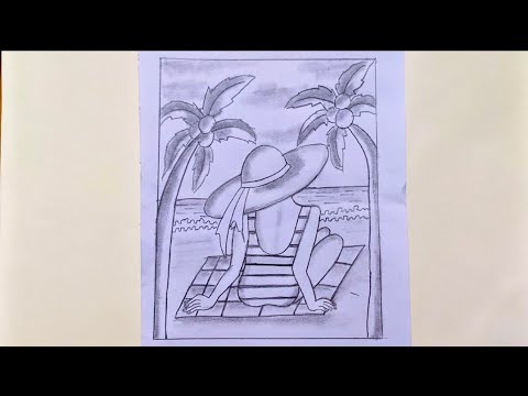 How to draw girl in beach | how to draw sea beach easy | easy Sketch |aesthetic landscape