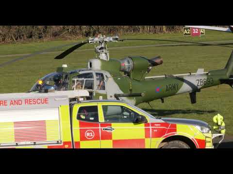 An Army Gazelle helicopter departing City Airport Manchester after a stop to refuel