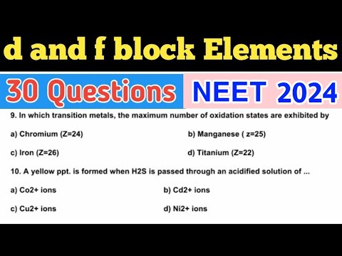 d And f Block Elements Class 12 MCQ | CBSE JEE CUET | NEET Chemistry 2024 | Transition Elements MCQ