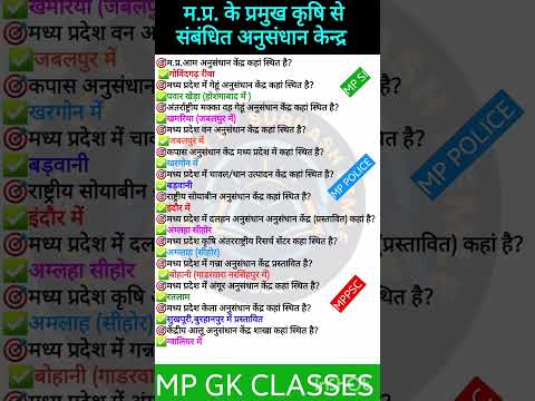 मध्य प्रदेश के प्रमुख कृषि से संबंधित अनुसंधान केंद्र /mp gk Short/Mp gk tricks/Madhya pradesh Gk/