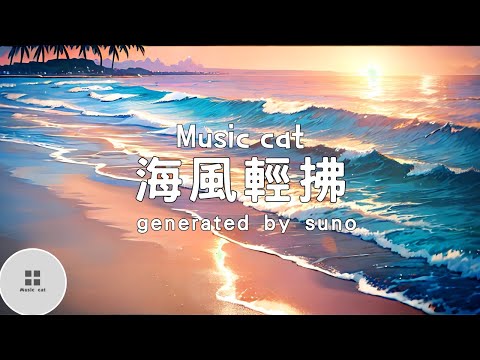 海風輕拂-generated by suno《陽光灑落海面 浪花拍打沙灘》Music cat音樂《中英文字幕》