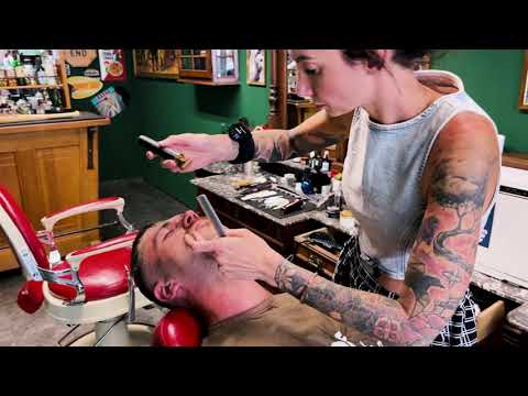 ASMR🪒 OMG 😱 Customer immediatly falls asleep while lady barber shaves him and gives a facial massage