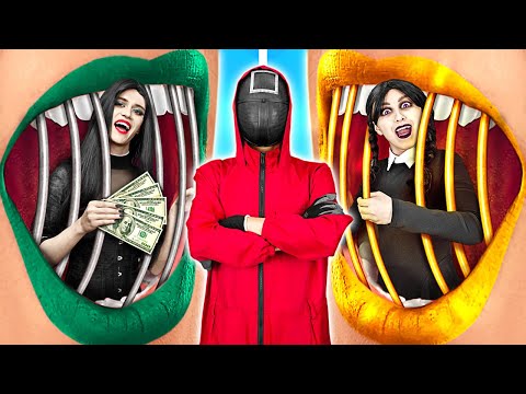 ADDAMS FAMILY Runs SQUID GAME! WEDNESDAY ADOPTED By The GAME | Squid Game HACKS by La La Life Emoji