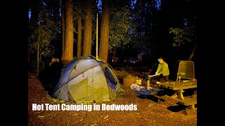 Hot tent camping in redwoods with Nortent Gamme 4 and Pomoly wood stove