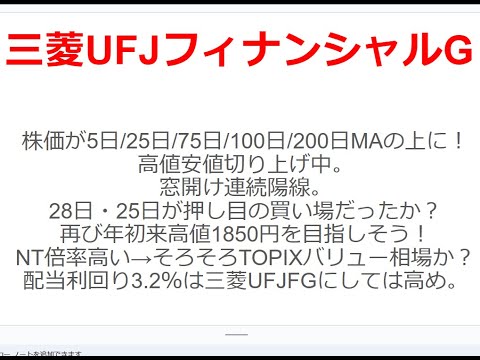 三菱UFJフィナンシャルグループ株価が窓開け陽線で5日/25日/75日/100日/200日移動平均線の上になる！今後は強気の動きになると予想。配当利回り3.2％は三菱UFJにしては高め。