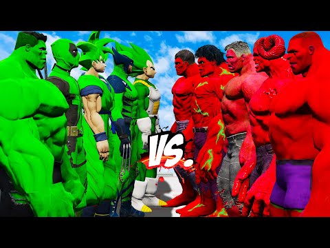 TEAM RED HULK vs TEAM GREEN (HULK, DEADPOOL, GOKU, WOLVERINE, VEGETA) - EPIC SUPERHEROES WAR