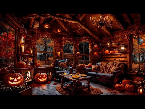 COZY PUMPKIN CABIN AMBEINCE-JACK O LANTERN-CRACKLING FIREPLACE-FALLING AUTUMN LEAVES-HALLOWEEN DÉCOR