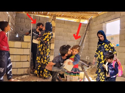 Love and work: Family romantic kisses.Building a bathroom.