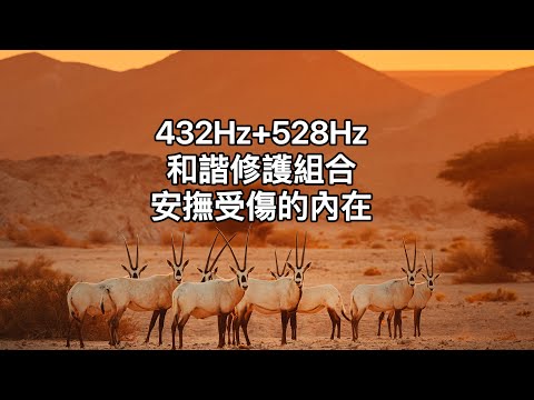 432Hz+528Hz:最佳修護合作頻率。432Hz和諧頻率＋528Hz有效率幫助療癒，改變內在意識，顯化外在表象。內、外在有受傷的夥伴們，這個頻率組合，幫助自己更快速療癒。