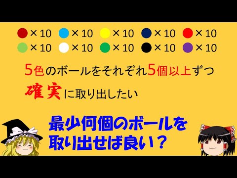 【論理クイズ】「5色、5個以上を確実に取り出せ！」　”確実”と”最少個数”といえば．．．【ゆっくり解説】