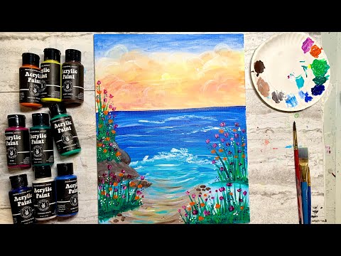 How to Paint a Beach Scene on Canvas | Beginner Acrylic Painting Tutorial | Paint With Me! (#31)