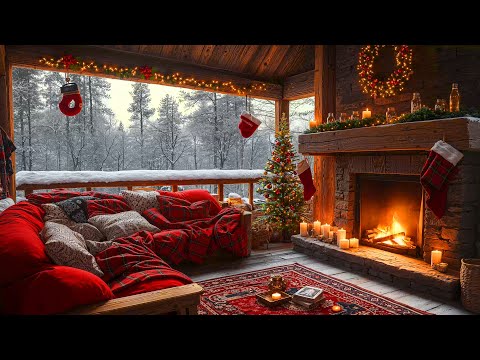 Cozy Christmas Porch Ambience 🎄 Smooth Christmas Jazz Music & Fireplace Crackling for Stress Relief