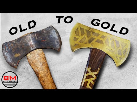 Restoration of an Antique Rusty Axe // Woodworking, Brass plating & Metal etching.