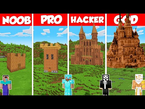 Dirt Castle Build Battle Challenge - Noob vs Pro vs Hacker vs God - Minecraft Animation