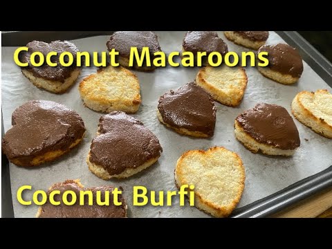 Chocolate topped Coconut Macaroons / Heart shapped macaroons / Coconut Burfi recipe / தேங்காய் பர்பி