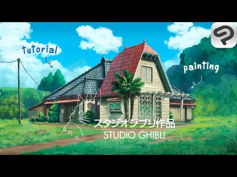 Painting Landscape Background Illustration of Totoro House like Ghibli Studio in Clip Studio Paint