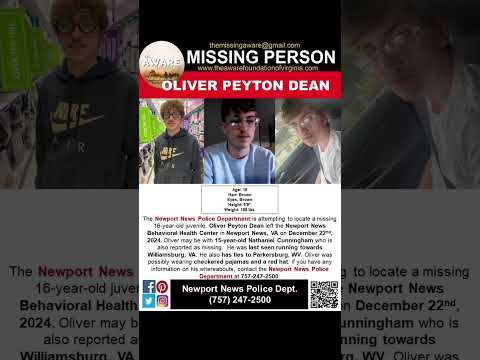 16 YEAR OLD OLIVER DEAN IS MISSING FROM NEWPORT NEWS VIRGINIA!!!  HELP BRING HIM HOME!!!