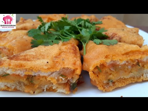 Bread bajji recipe in telugu || Bread bajji with english subtitles || stuffed bread bajji || snacks