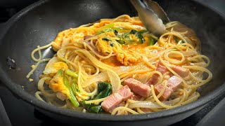 日本人が愛した【ベーたまパスタ】ベーコン卵とほうれん草の懐かしの味！