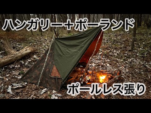 【ハンガリー、ポーランド軍幕】雨予報だけど狭小軍幕をポールレスで広く使って一泊してきた