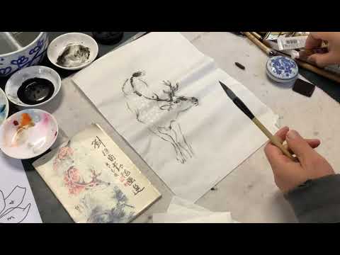 Painting Deer with Henry Li ink and watercolor on rice paper