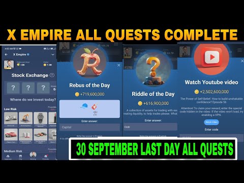 30 September X Empire All Quests Code |  Riddle Amd Ribble Of The Day | All YouTube Video Codes