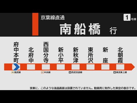 【自動放送】武蔵野線 府中本町→南船橋【架空LCD】 / Announcements of the JR Musashino Line train bound for Minami-Funabashi