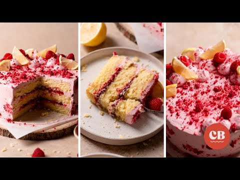 Moist & fluffy lemon cake with raspberry filling and Swiss meringue buttercream!