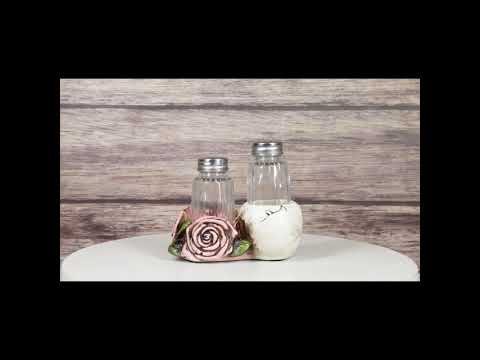 Day Of The Dead Skull With Red Heart Eyes Pink Roses Salt Pepper Shakers Holder