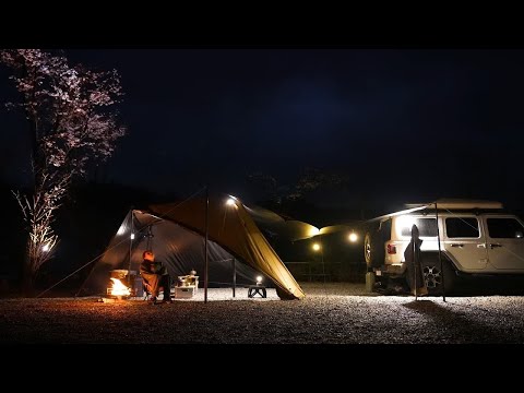 雨天樱花树下自驾露营过夜，享受一个人的营地时光