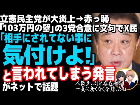 立憲民主党が「103万円の壁」で大炎上w3党合意の蚊帳の外で大西健介議員のコメントが恥ずかしすぎて・・・