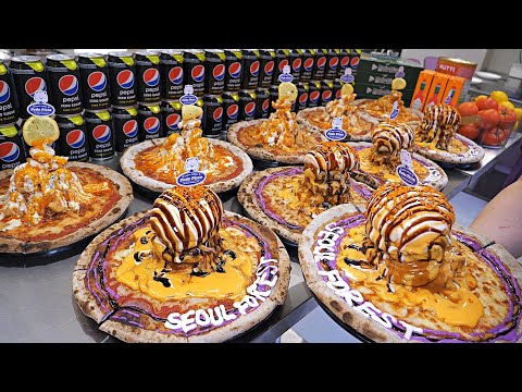 Wow! We put a whole hamburger on top of the pizza. Crazy Pizza Restaurant / Korean Street Food