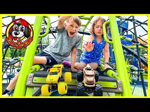 MONSTER TRUCKS PLAY AT THE PARK 🛝 EL TORO LOCO'S MAGIC SURPRISE EGG (T-REX HELPS FIND SPARKLE SMASH)