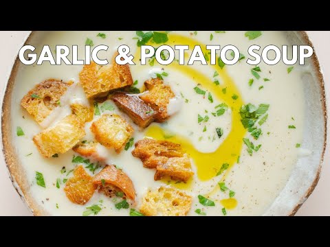 Creamy garlic soup with crispy garlicky croutons