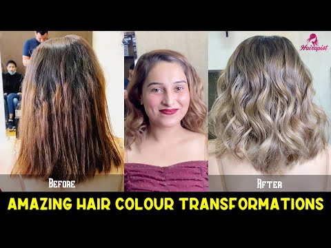 Amazing color transformation from mahogany brown to ash gold by team hairapist.