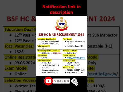 BSF HC & ASI Recruitment 2024 | BSF HC & ASI Notification 2024 | OFTEN UPDATES #bsf #bsfstatus