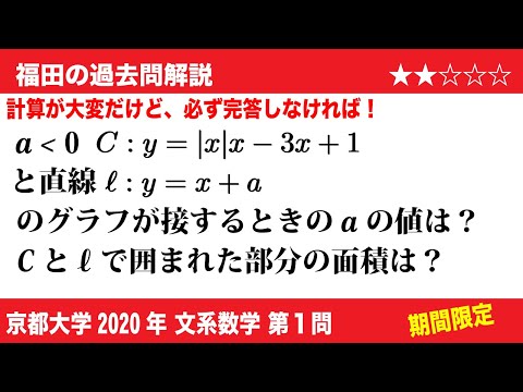 福田の数学〜過去の入試問題(期間限定)〜京都大学2020文系第1問〜絶対値のついた２次関数と直線で囲まれた面積