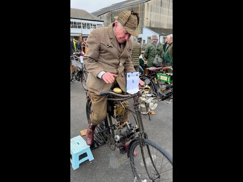 Man starts & rides a 1902 Clement-Garrard motorcycle